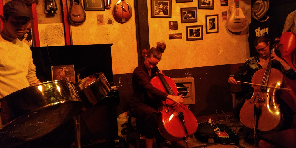 Figure 1: The Danish neo-cello duo Soma & Lil (Soma Allpass and Lil Lacy) with steelpanist Yoshio Machida at Apollo in 2018