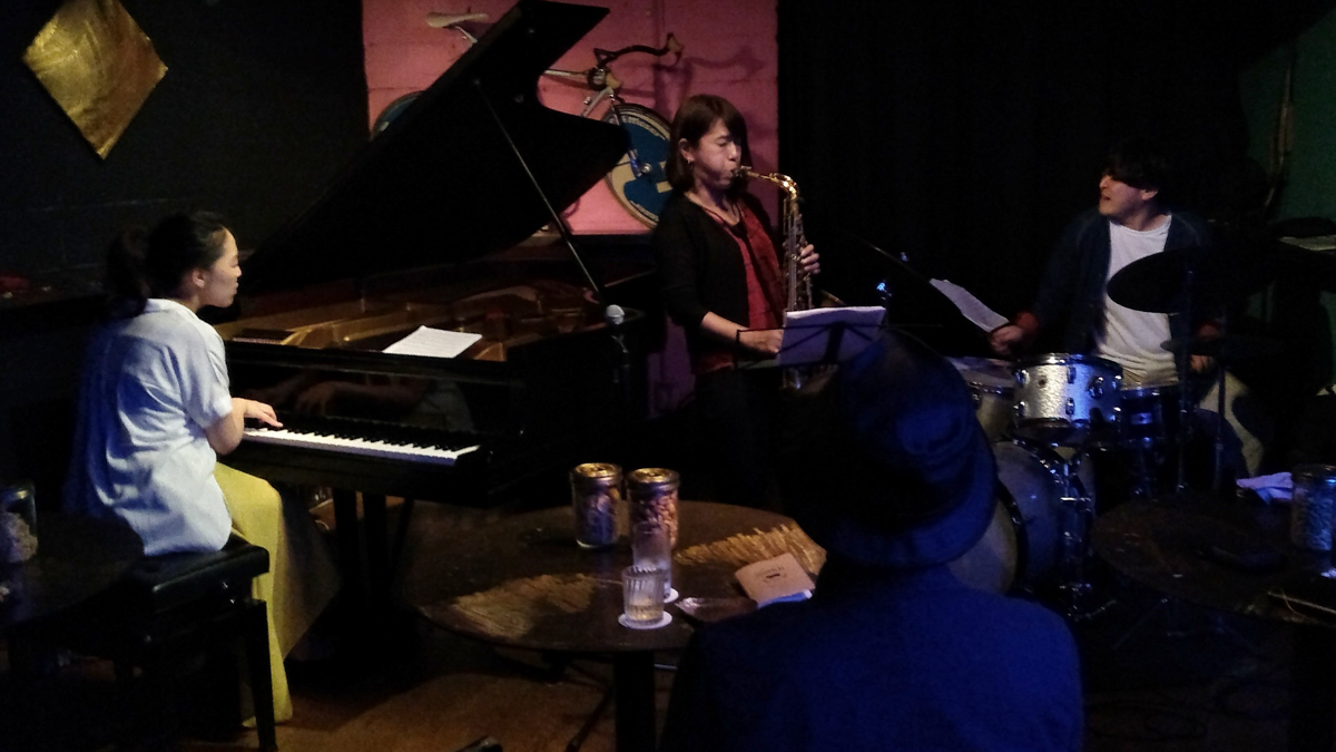 Figure 97: YumYums Trio with Mikiko Nagatake (piano), Miyuki Moriya (sax), and Yuto Maseki (drums) at Salt Peanuts in June 2019