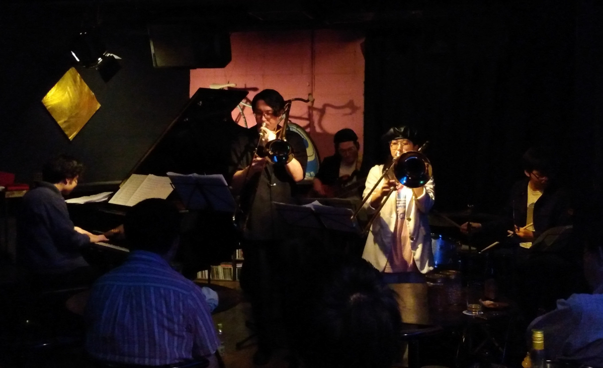 Figure 103: Mariko Maeda (trombone) Quintet with Kota Kaihori (piano), Shigetaka Ikemoto (trombone), Sho Takahashi (bass), and Shogo Hamada (drums) at Salt Peanuts in April 2023