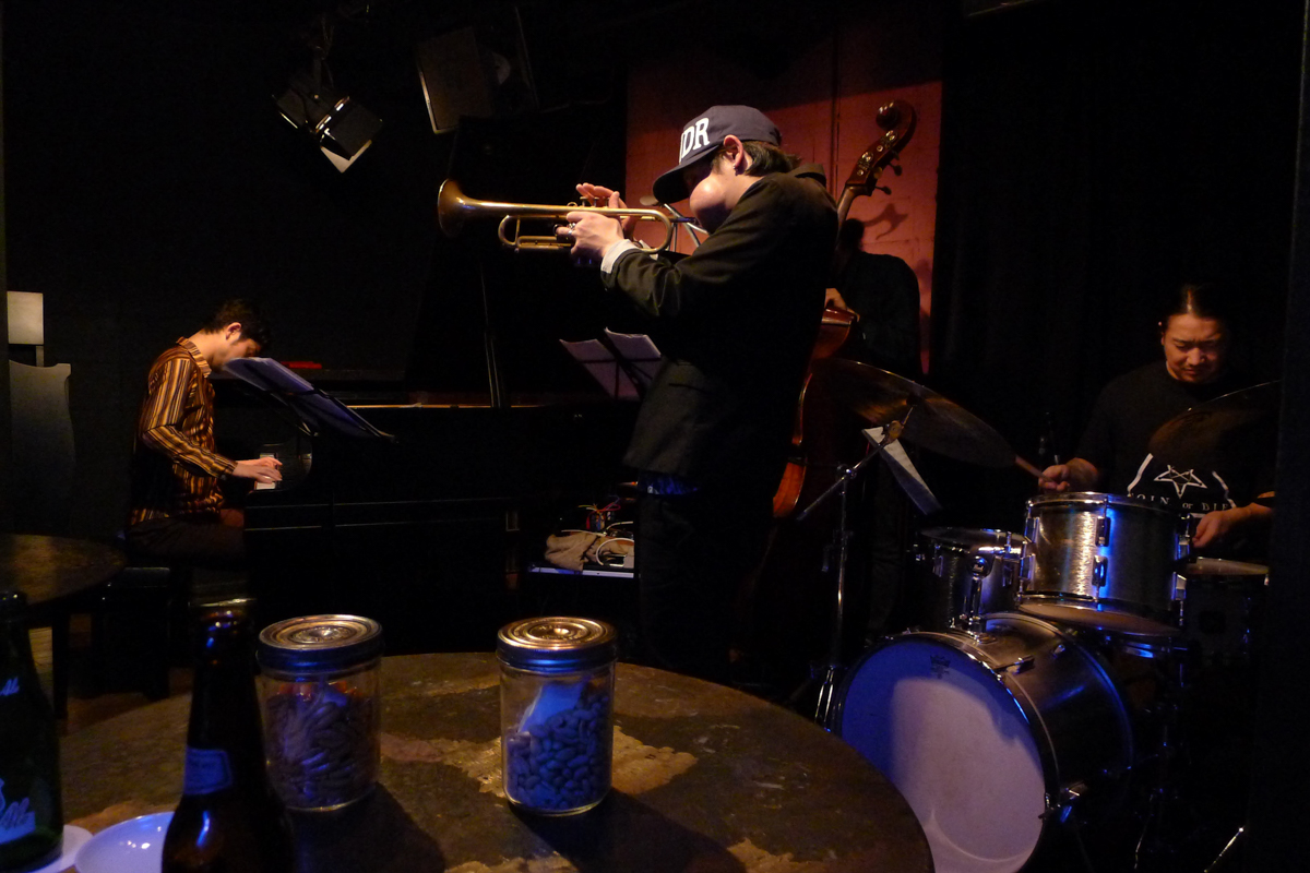 Figure 44: George Nakajima (piano), Shinpei Ruike (trumpet), Hiroki Chiba (bass), and Sohnosuke Imaizumi (drums) at Salt Peanuts in 2014