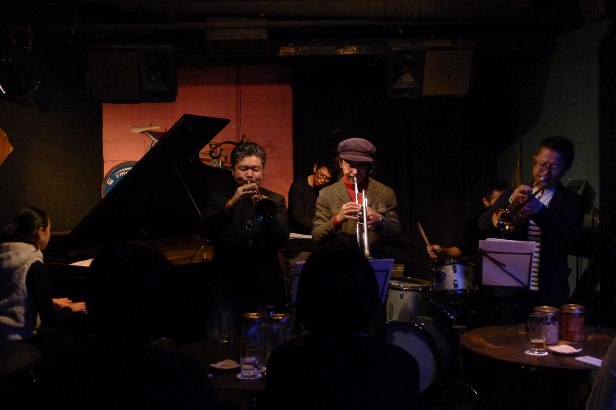 Figure 77: Ekoda Trumpet Summit with Harumi Nomoto (piano), Keisuke Nakamura (trumpet), Motoi Kanamori (bass), Keiketsu Ko (trumpet), Nobuyuki Komatsu (drums), and Mitsuru Tanaka (trumpet) at Salt Peanuts in January 2017