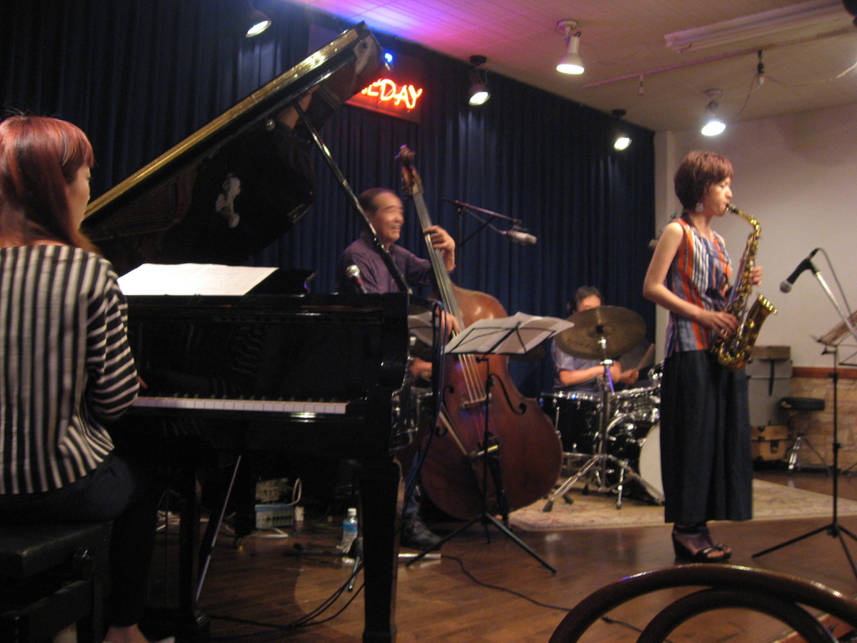 Figure 3: Mitsuaki Furuno (bass) Quartet with Ayumi Koketsu (sax), Akane Matsumoto (piano), and Masayuki “Gakio” Kume (drums) at Someday in June 2016
