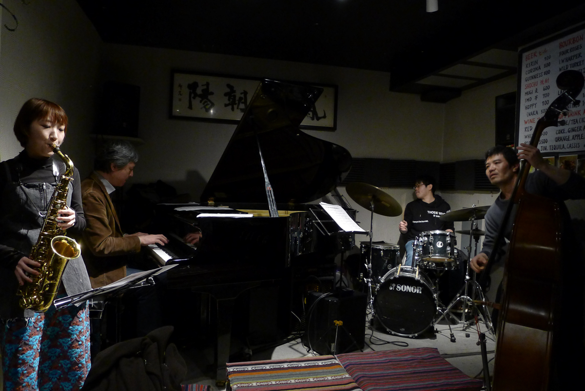 Figure 2: Ayu Yoneda (sax), Mamoru Ishida (piano), Kenji Yoshitake (bass), and Minori Yagino (drums) at Thelonious in March 2025